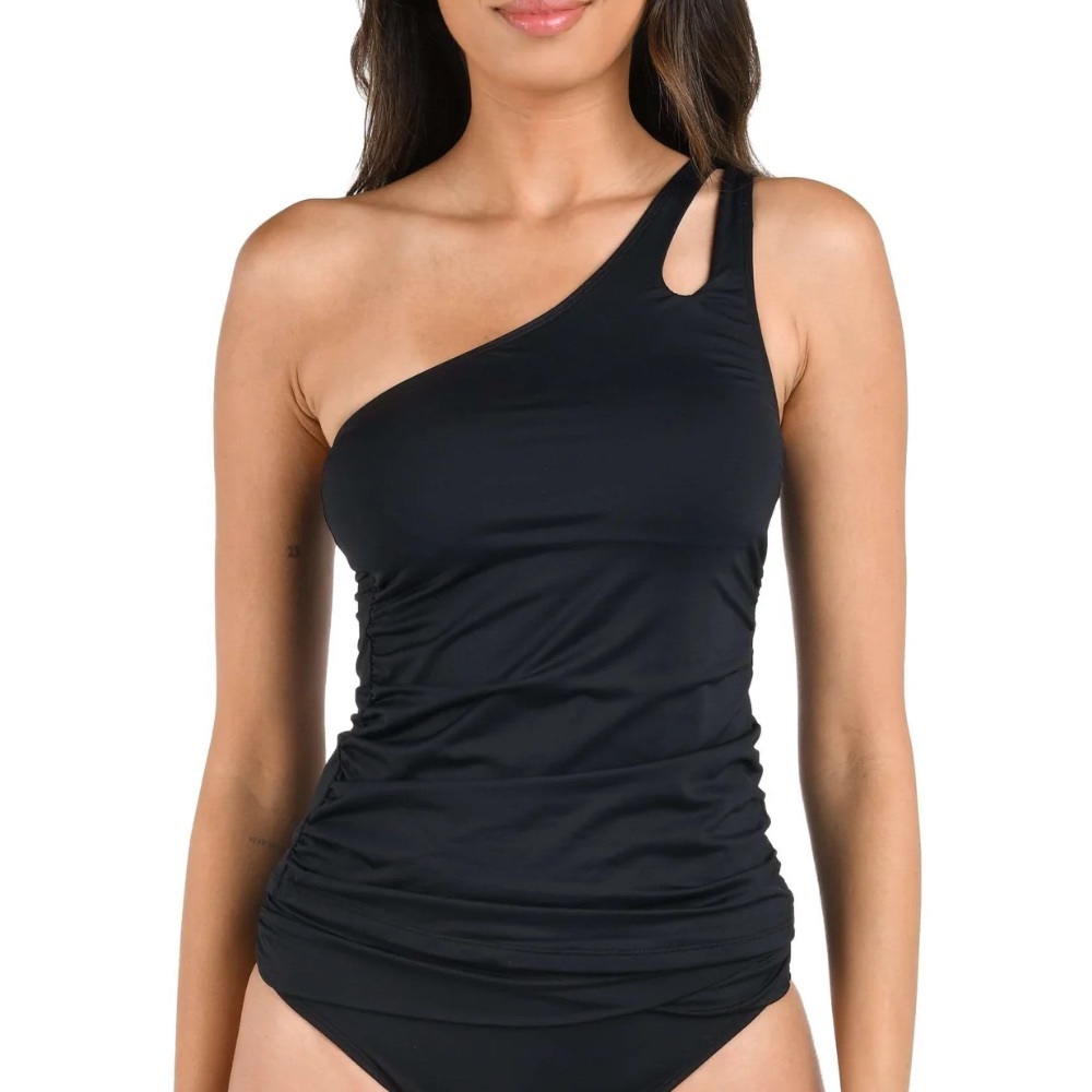LA BLANCA Island Goddess One Shoulder Tankini Top Black Sz 10 NWT $93